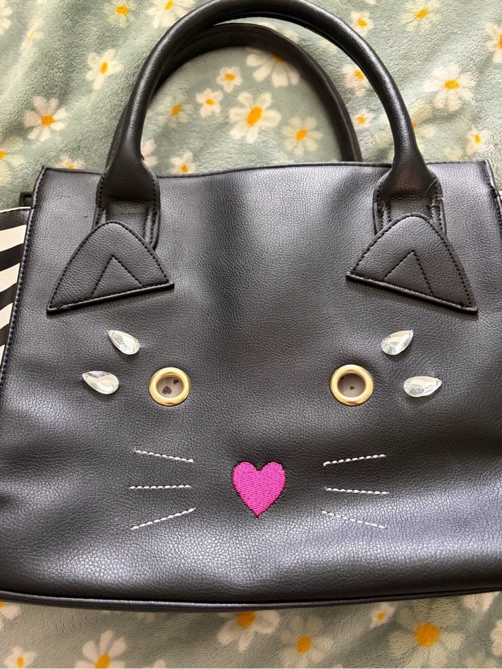 Betsey Johnson Black Cat Face Tote with Pink Heart Accent and Wallet